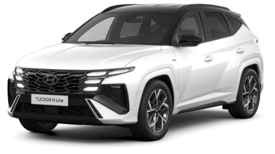 Weißer Hyundai SUV, Drei‑Viertel‑Frontansicht, schwarzes Dach, isoliert vor einfarbigem Hintergrund