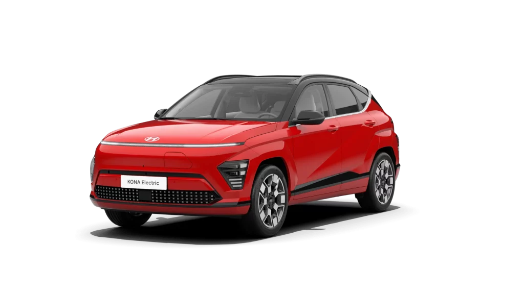 Roter Hyundai Elektro-SUV in Frontansicht auf weißem Hintergrund, modernes urbanes Design sichtbar
