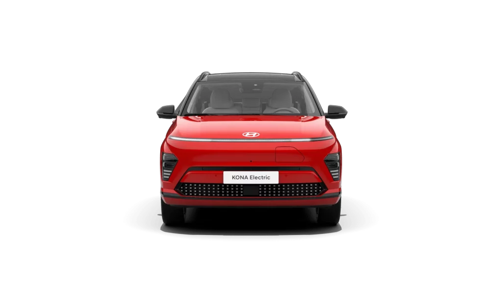 Roter Hyundai Elektro-SUV frontal vor schwarzem Hintergrund, moderne und markante Fahrzeuggestaltung