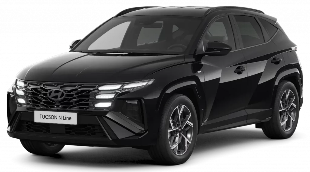 Schwarzer Hyundai SUV seitlich aufgenommen vor neutralem Hintergrund, sportliches Design und markanter Frontgrill