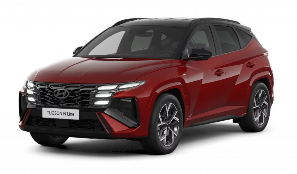 Roter Hyundai SUV mit schwarzem Dach, frontal auf weißem Hintergrund präsentiert