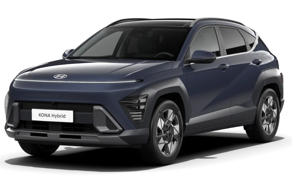 Blauer Hyundai SUV Hybrid in Dreiviertelansicht vor neutralem Hintergrund