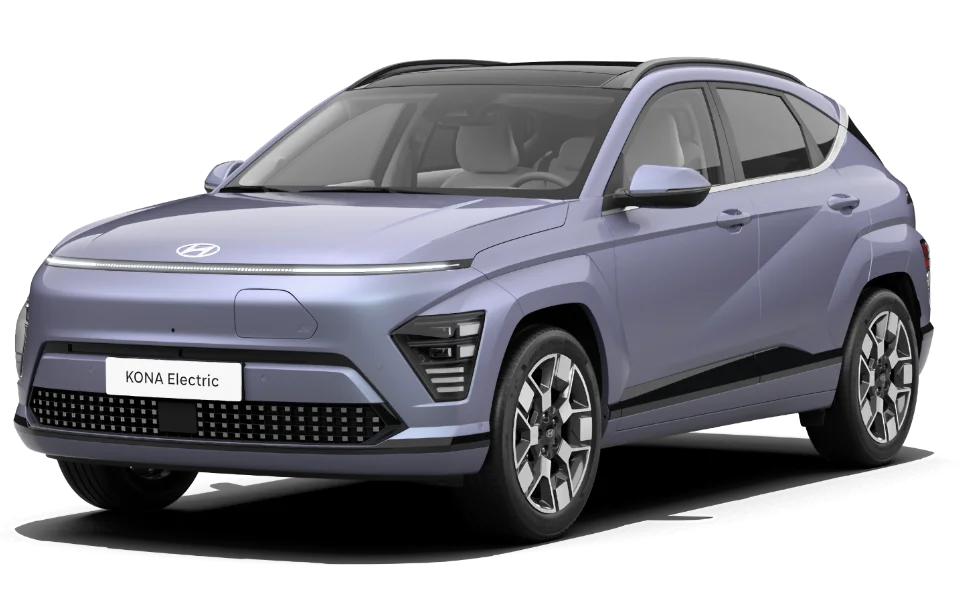 Lavendelfarbener Hyundai Elektro-SUV, dreiviertel vorne, in urbaner Umgebung präsentiert
