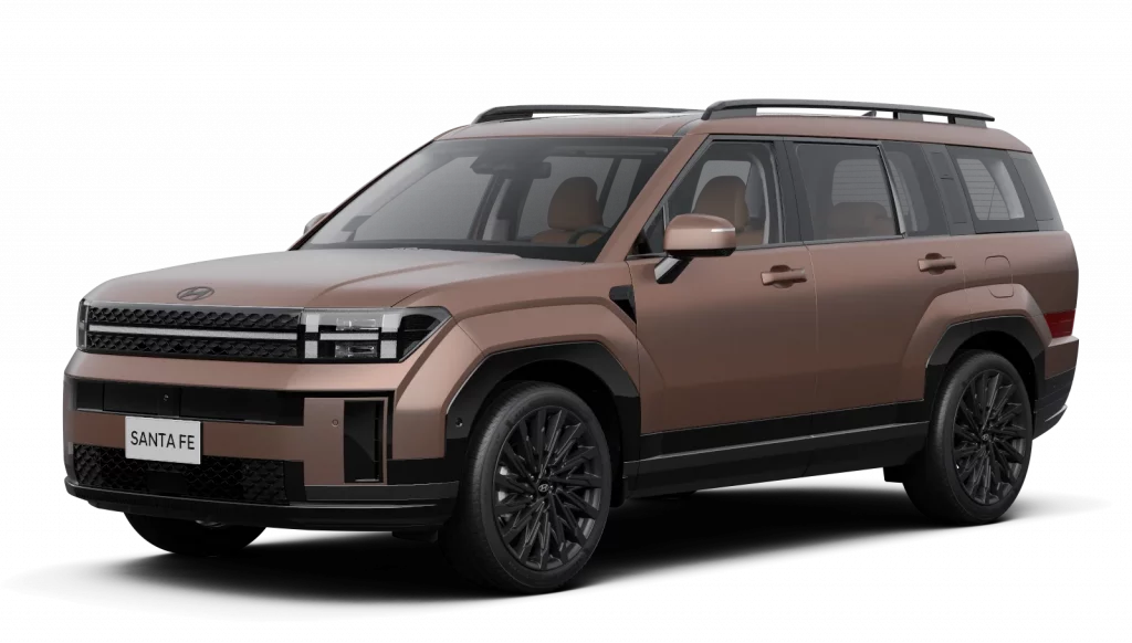 Matte kupferfarbener Hyundai SUV seitlich vor neutralem Hintergrund, modernes und robustes Design sichtbar