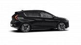 Schwarzes Hyundai Kompaktfahrzeug Seitenansicht, modernes Design, sportliche Linie, urbane Umgebung, klare Formen