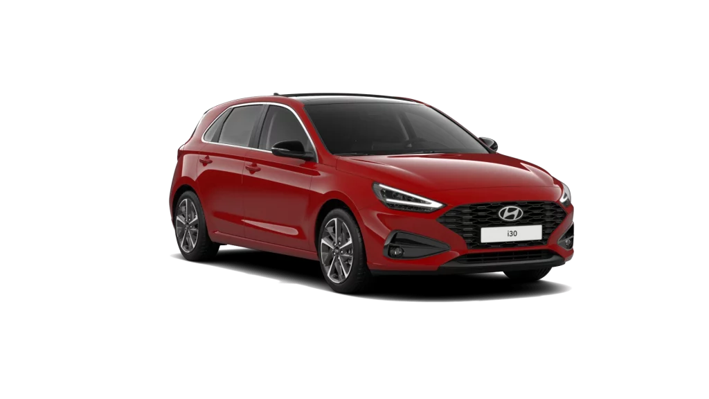Roter Hyundai Kompaktwagen front-links im Studio mit dynamischem, modernem Design