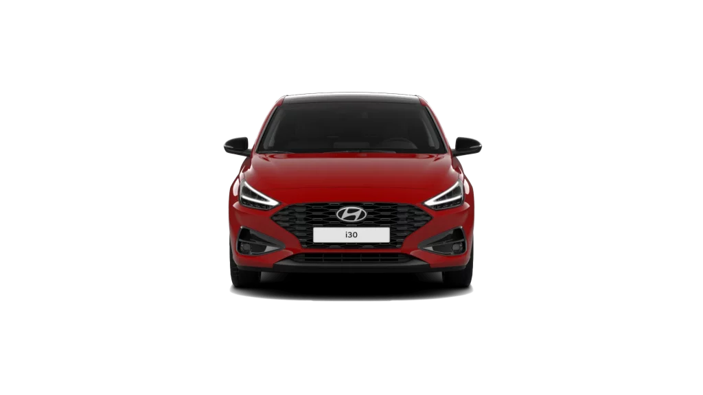 Roter Hyundai Kompaktwagen frontal vor schwarzem Hintergrund, sportliches und modernes Design sichtbar