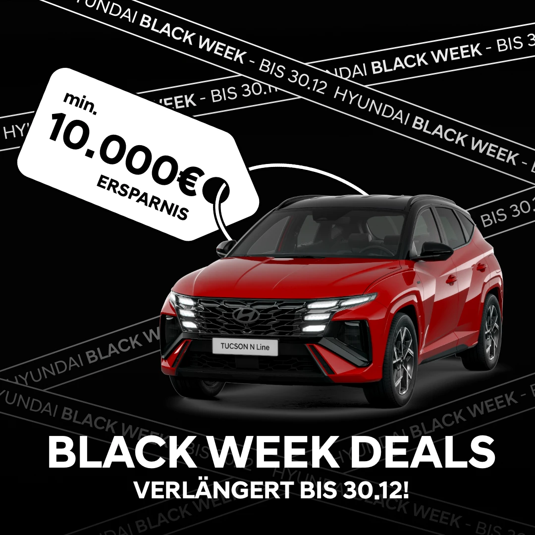 Roter Hyundai SUV frontal auf glänzendem Boden mit Black Week Rabatt bis 30.12.