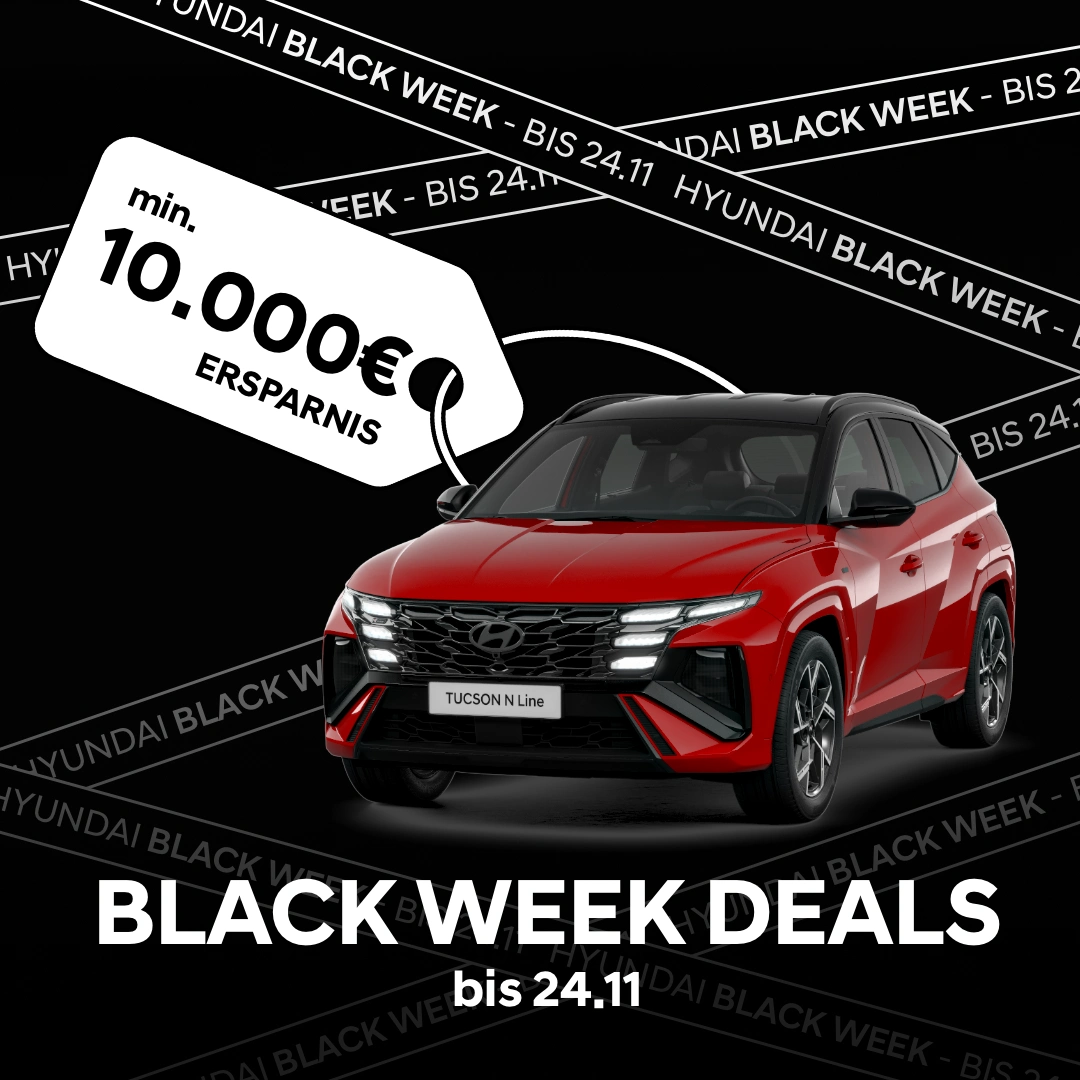 Roter Hyundai SUV dreiviertel-Front, schwarze Hintergrund, Black Week Rabatt bis 24.11.