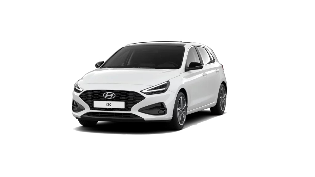 Weißer Hyundai Kompaktwagen seitlich vor schwarzem Hintergrund präsentiert