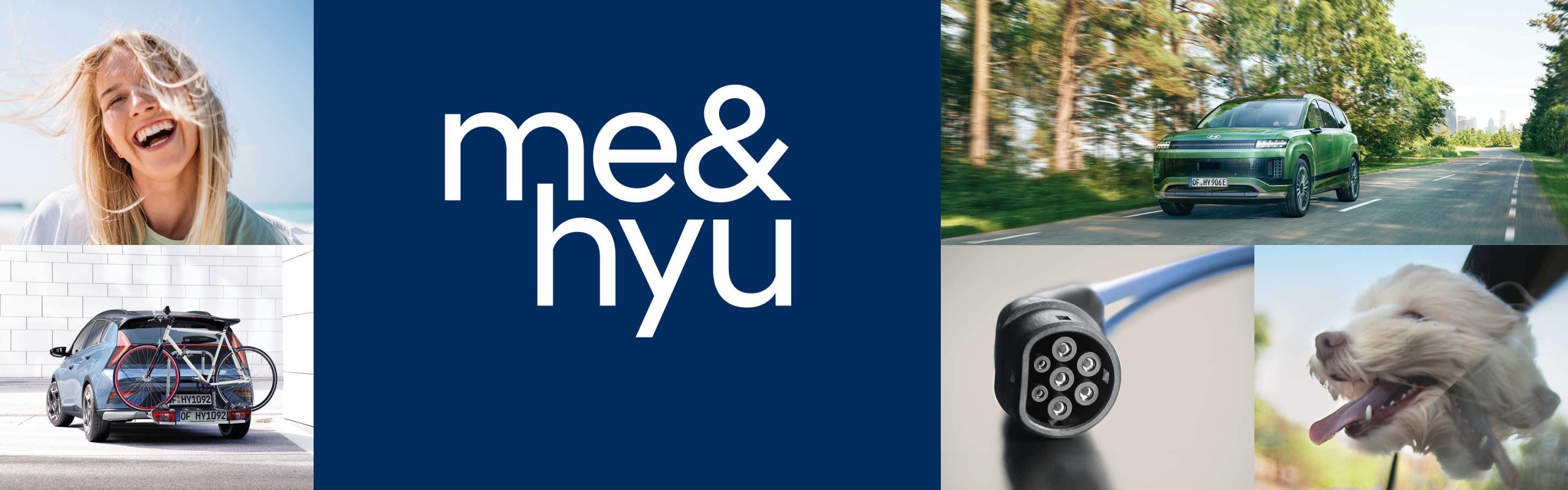 Lächelnde Frau, heller Kompaktwagen geparkt mit Fahrrad, dunkelblaues Logo, grüner SUV fahrend, E‑Ladebuchse, Hund