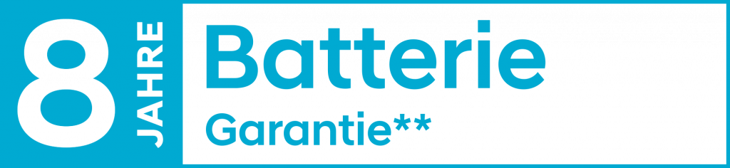 Banner: 8 Jahre Batterie-Garantie auf cyan-schwarzem Hintergrund