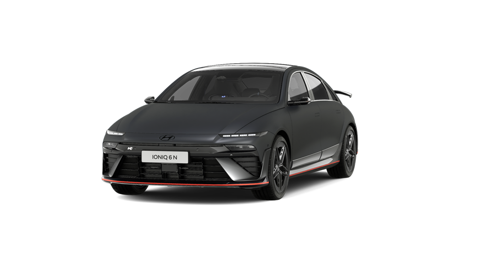 Matt-dunkelgraue Limousine, Dreiviertel-Frontansicht, vor dunklem Studiohintergrund