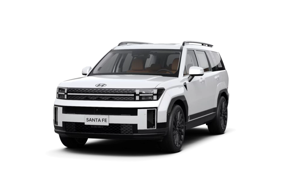 Weißer Hyundai SUV in Dreiviertel-Frontansicht vor schwarzem Hintergrund