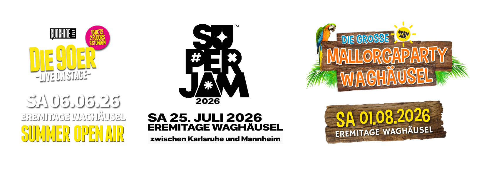 Festivalposter: 90er Live und Mallorca-Party, Sommer-Open-Air Eremitage Wagh&auml;usel, 06.06.2026 & 01.08.2026
