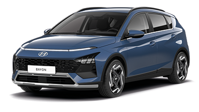Blauer Hyundai Kompakt‑SUV, Dreiviertelansicht vorn‑rechts vor weißem Hintergrund