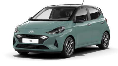 Grüner Hyundai Kompaktwagen, Dreiviertelansicht vorne links, studioartiger dunkler Hintergrund, Hyundai alle Modelle