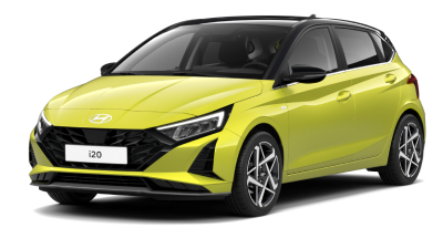 Gelb-grüner Hyundai Kompaktwagen Dreiviertelansicht vor neutralem Hintergrund — Hyundai alle Modelle