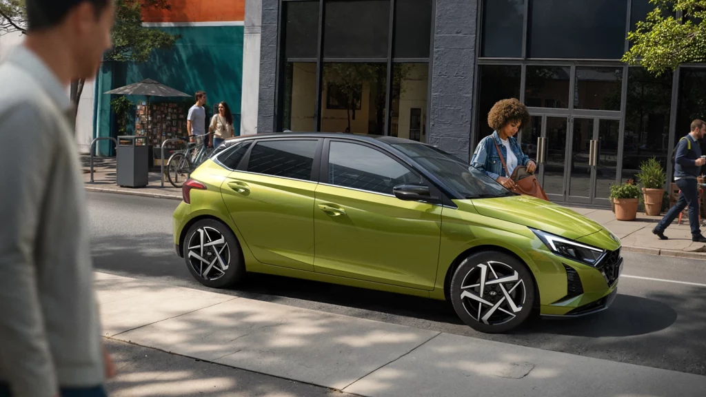 Leuchtend gelbgrüner Hyundai Kleinwagen, Seitenansicht, geparkt vor städtischer Ladenfront