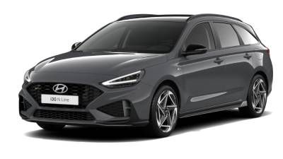 Dunkelgrauer Hyundai Kombi, Dreiviertel-Frontansicht im weißen Studio — Hyundai alle Modelle