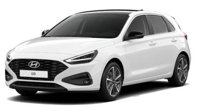 Weißer Hyundai Kompaktwagen in vorn-dreiviertel-Ansicht vor neutralem weißem Studiohintergrund
