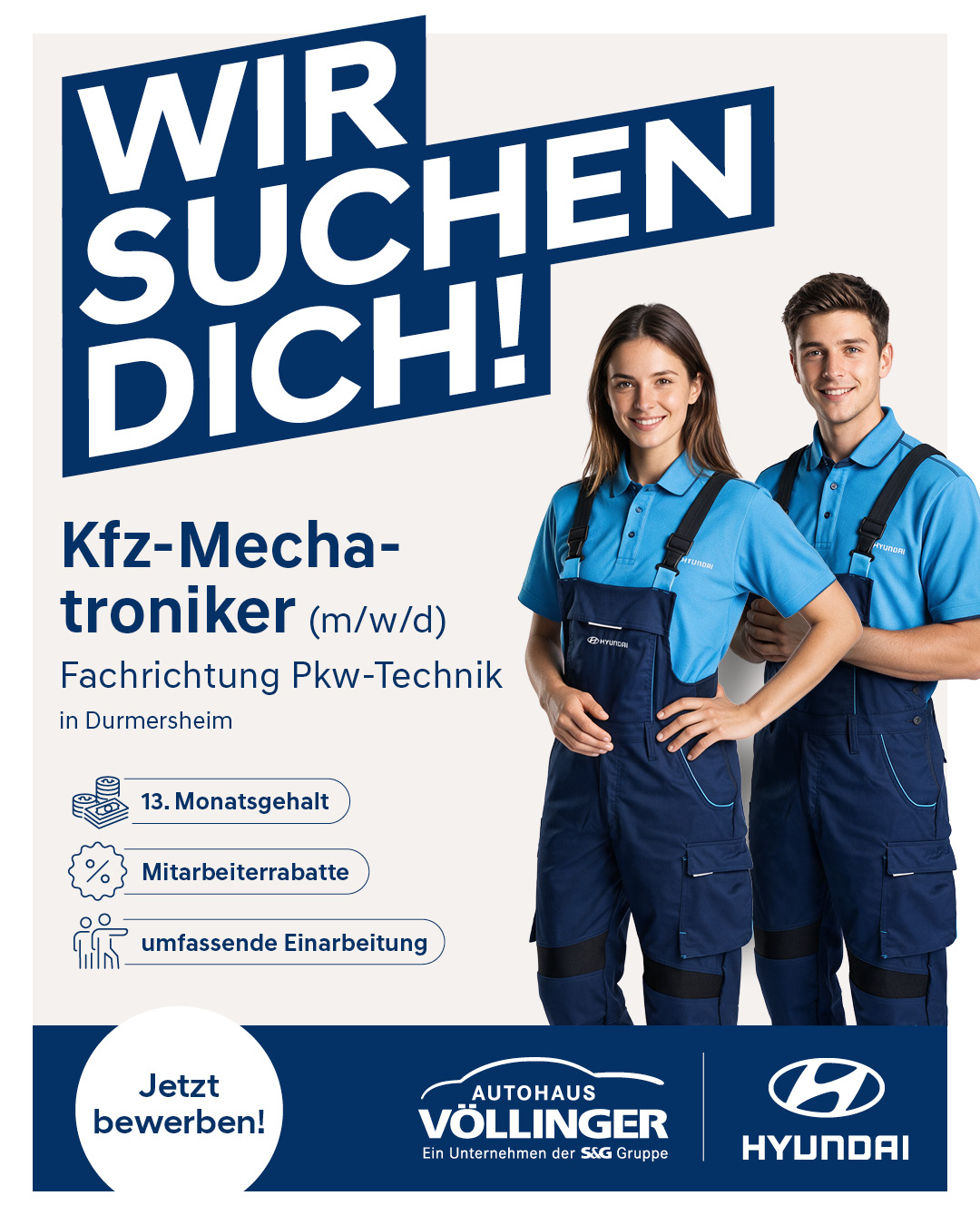 Stellenanzeige: Zwei Hyundai-Techniker in blauen Overalls l&auml;chelnd, Kfz‑Mechatroniker gesucht