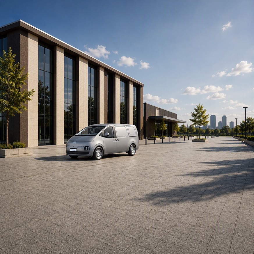 Silberner Hyundai Lieferwagen seitlich geparkt vor modernem Bürogebäude auf gepflastertem Vorplatz